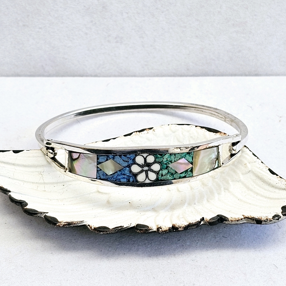 Mexico 925 Inlaid Gemstone Hinged Bracelet Michoan 925 - Picture 3 of 14